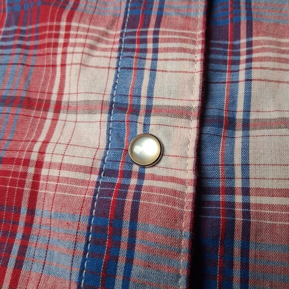 Wrangler Wrancher Shirt Women XL Western Pearl Snap Red Blue Plaid Rodeo Ranch - Picture 14 of 14